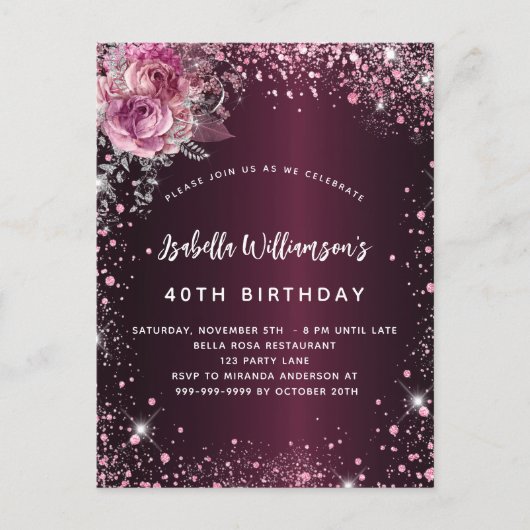 Birthday burgundy roze florals glitter glamoureus uitnodiging briefkaart (Voorkant)
