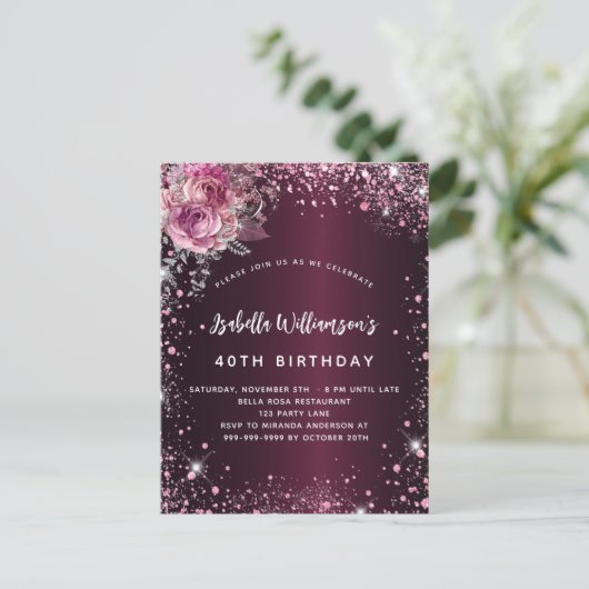 Birthday burgundy roze florals glitter glamoureus uitnodiging briefkaart (Staand voorkant)