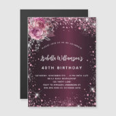Birthday burgundy roze florals glitter luxe magnetische uitnodiging (Voorkant / Achterkant)