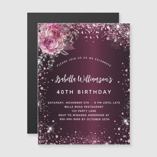 Birthday burgundy roze florals glitter luxe magnetische uitnodiging (Voorkant / Achterkant)