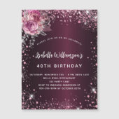 Birthday burgundy roze florals glitter luxe magnetische uitnodiging (Voorkant)