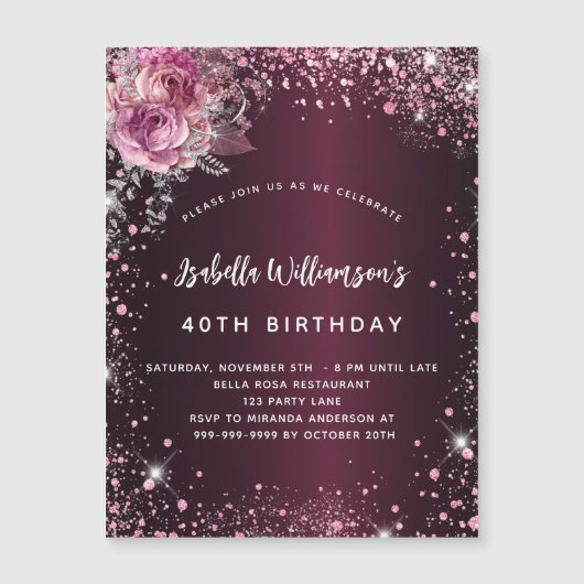 Birthday burgundy roze florals glitter luxe magnetische uitnodiging (Voorkant)