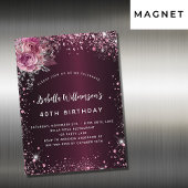 Birthday burgundy roze florals glitter luxe magnetische uitnodiging