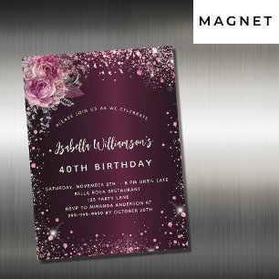 Birthday burgundy roze florals glitter luxe magnetische uitnodiging