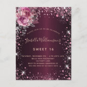 Birthday burgundy roze glitter floral glamour uitnodiging briefkaart (Voorkant)