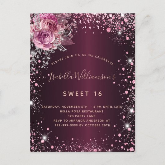 Birthday burgundy roze glitter floral glamour uitnodiging briefkaart (Voorkant)