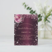 Birthday burgundy roze glitter floral glamour uitnodiging briefkaart (Staand voorkant)