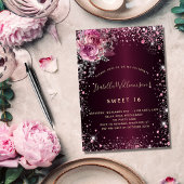 Birthday burgundy roze glitter floral glamour uitnodiging briefkaart