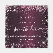 Birthday burgundy roze glitter stof behalve datum magneet (Voorkant)
