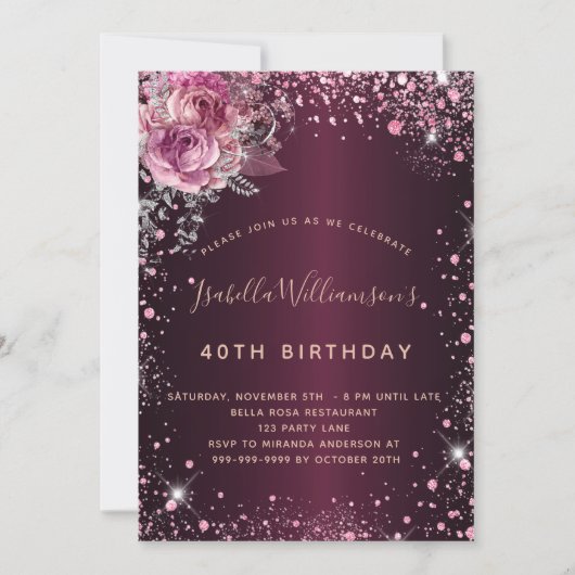 Birthday burgundy roze glitter stof floral kaart (Voorkant)