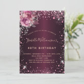 Birthday burgundy roze glitter stof floral kaart (Staand voorkant)
