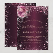 Birthday burgundy roze glitter stof floral kaart (Voorkant / Achterkant)
