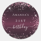 Birthday burgundy roze glitter stofnaamscript ronde sticker (Voorkant)