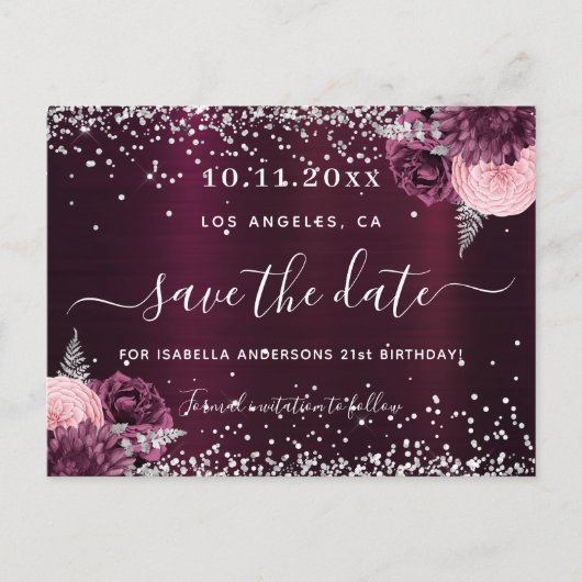 Birthday burgundy Silver Floral save the date Aankondigingskaart (Voorkant)