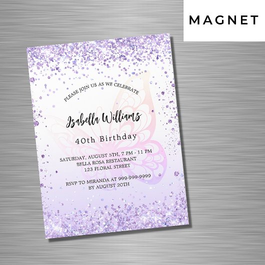 Birthday butterfly violet lavender script luxe magnetische uitnodiging