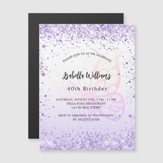 Birthday butterfly violet lavender script luxe magnetische uitnodiging (Voorkant / Achterkant)
