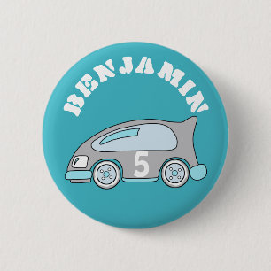 Birthday Button Cute Blue Race Car met naam