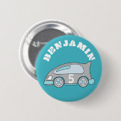 Birthday Button Cute Blue Race Car met naam (Voorkant /achterkant)