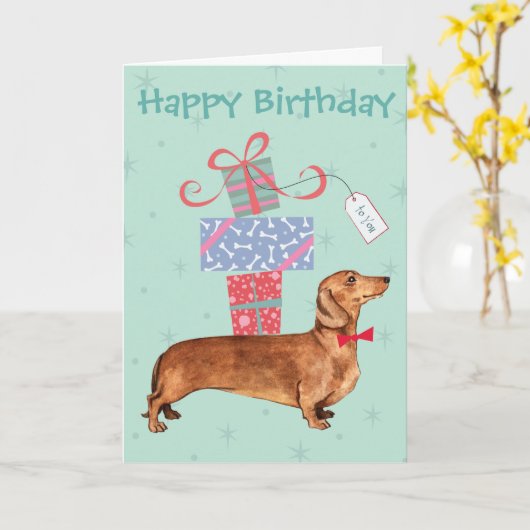 Birthday Cadeaus Dachshund Kaart (Gele Bloem)