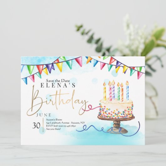 Birthday Cake and Banners Invitation Kaart (Staand voorkant)