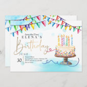 Birthday Cake and Banners Invitation Kaart (Voorkant / Achterkant)