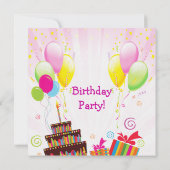 Birthday Cake & Balloons Girl's Party Invites Kaart (Achterkant)