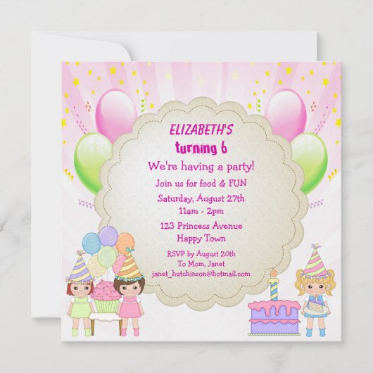 Birthday Cake & Balloons Girl's Party Invites Kaart (Voorkant)