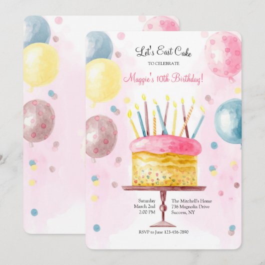 Birthday Cake in Waterverf Uitnodiging (Voorkant / Achterkant)