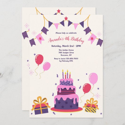 Birthday Cake Invitation Kaart (Voorkant / Achterkant)