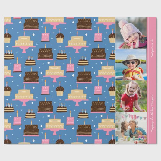 Birthday Cake Pattern Custom Name + Greeting Photo Cadeaupapier (Vlak)