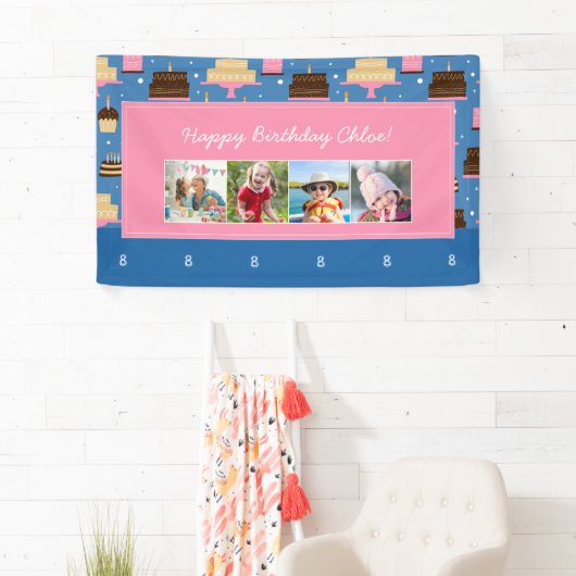Birthday Cake Pattern Custom Name + Greeting Photo Spandoek (Insitu)