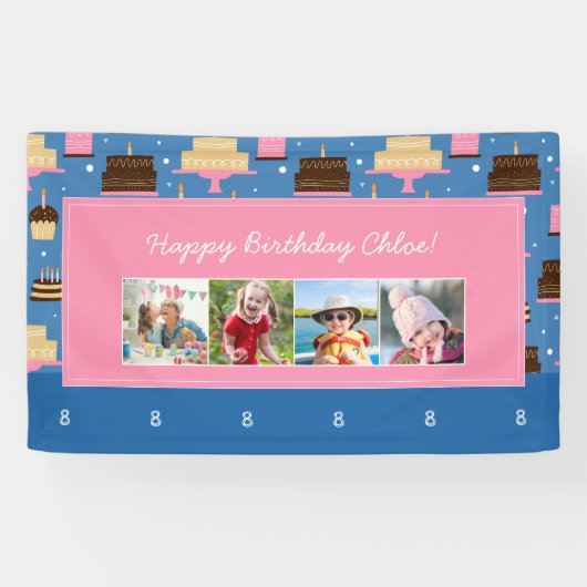 Birthday Cake Pattern Custom Name + Greeting Photo Spandoek (Horizontaal)