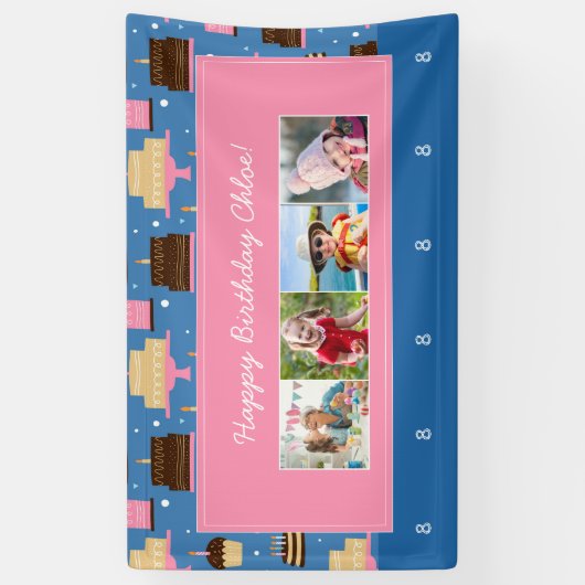 Birthday Cake Pattern Custom Name + Greeting Photo Spandoek (Verticaal)