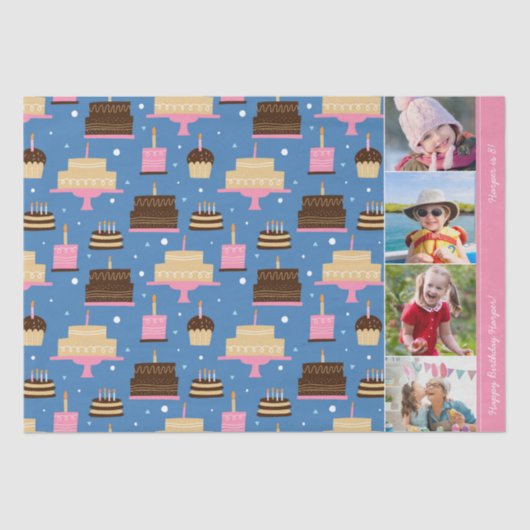 Birthday Cake Pattern Custom Name + Greeting Photo Tissuepapier (Voorkant)