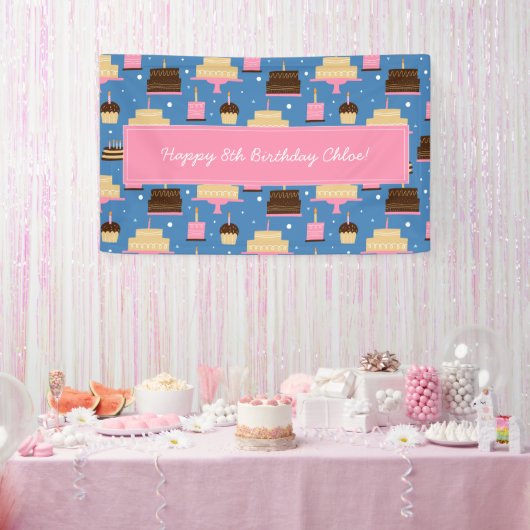 Birthday Cake Pattern Custom Name + Greeting Spandoek (Feest)