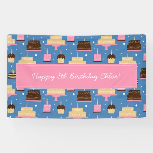 Birthday Cake Pattern Custom Name + Greeting Spandoek (Horizontaal)