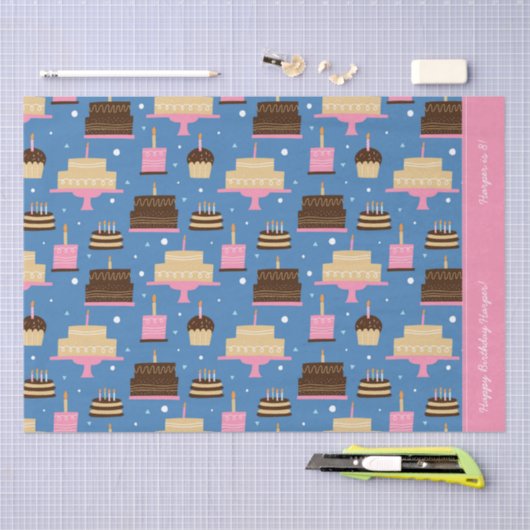 Birthday Cake Pattern Custom Name + Greeting Tissuepapier (Craft)