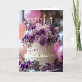 Birthday Cake Purple Pansies Hydrangea Birthday Kaart