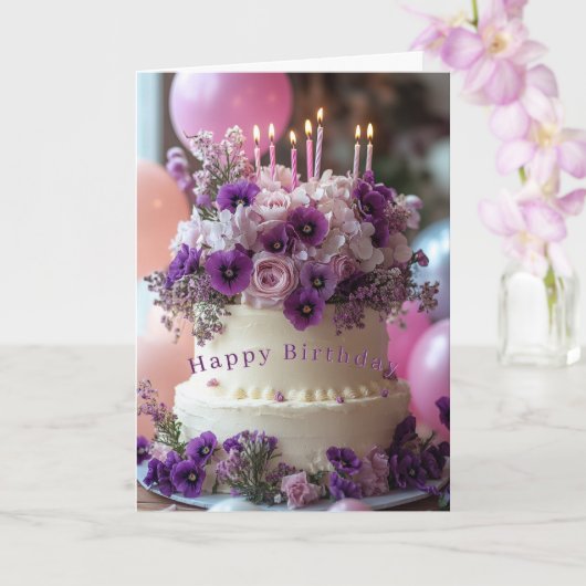 Birthday Cake Purple Pansies Hydrangea Birthday Kaart (Orchidee)