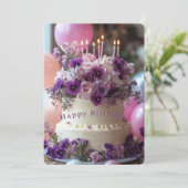 Birthday Cake Purple Pansies Hydrangea Birthday Kaart (Staand voorkant)