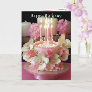 Birthday Cake roze kaarsen Lovely Flowers Kaart