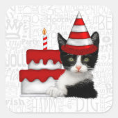 Birthday Cake with Black and White Kitten Vierkante Sticker (Voorkant)