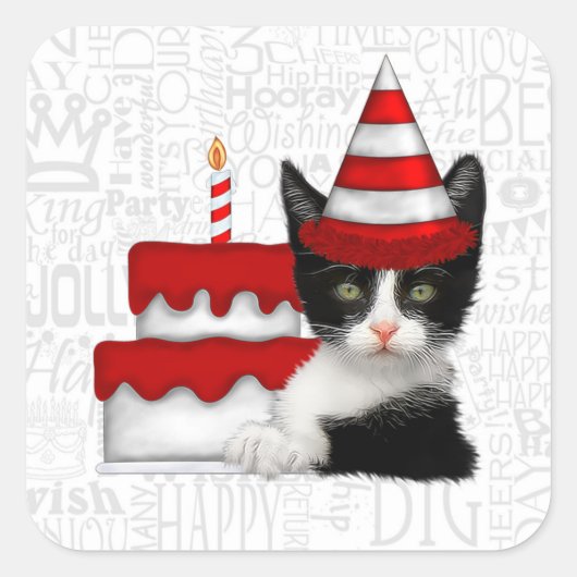 Birthday Cake with Black and White Kitten Vierkante Sticker (Voorkant)