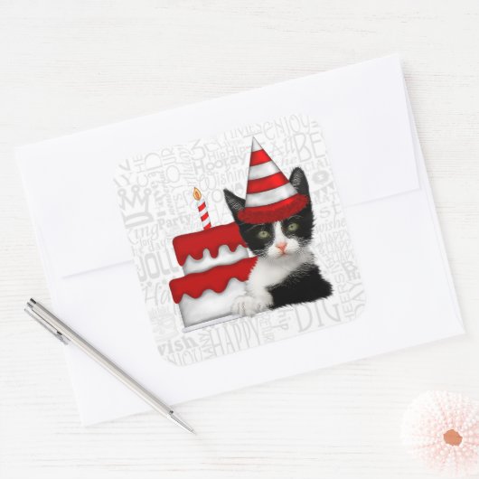 Birthday Cake with Black and White Kitten Vierkante Sticker (Envelop)