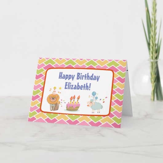 Birthday Cake with Party Lion and Balloon Sheep Kaart (Voorkant)