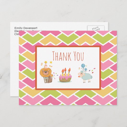 Birthday Cake with Party Lion and Sheep Dank je we Briefkaart (Voorkant / Achterkant)