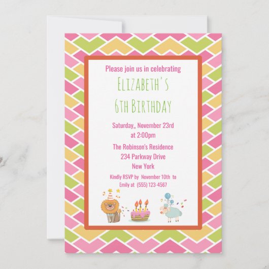 Birthday Cake with Party Lion and Sheep Invite Kaart (Voorkant)