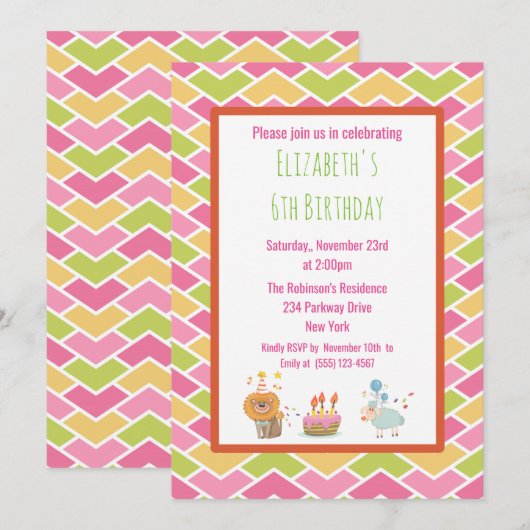Birthday Cake with Party Lion and Sheep Invite Kaart (Voorkant / Achterkant)
