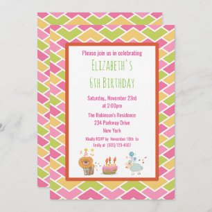 Birthday Cake with Party Lion and Sheep Invite Kaart