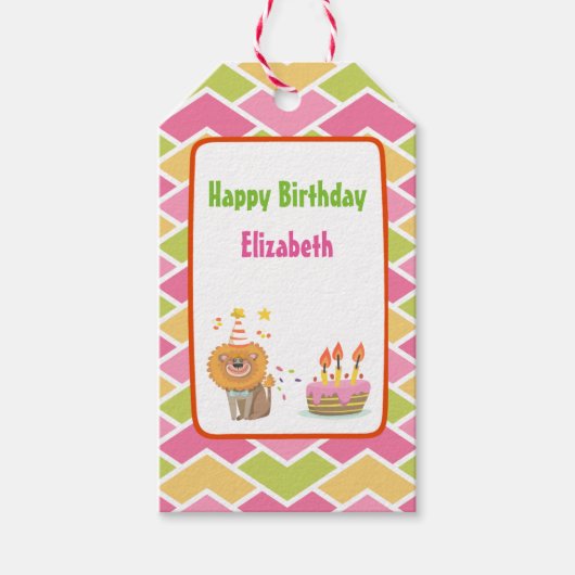 Birthday Cake with Party Lion Happy Birthday Cadeaulabel (Voorkant)